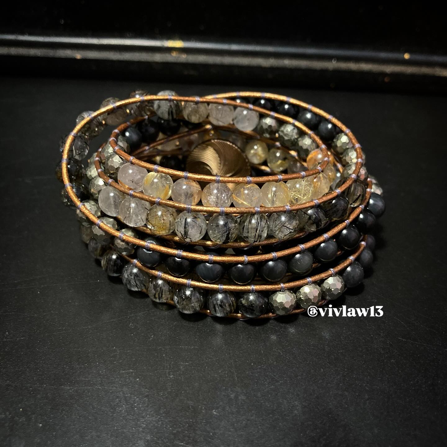 Rainbow Obsidian, Black Rutilated Quartz and Gold Rutilated Quartz Infinity Bracelet