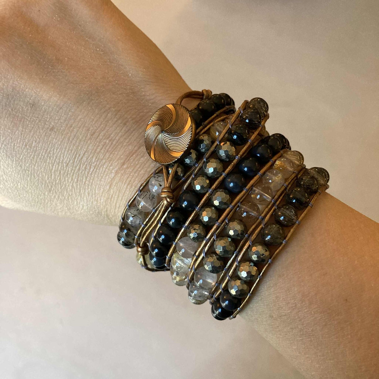 Rainbow Obsidian, Black Rutilated Quartz and Gold Rutilated Quartz Infinity Bracelet