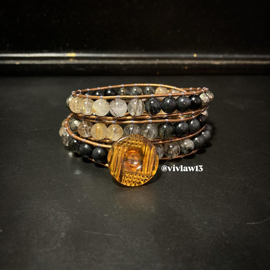 Rainbow Obsidian, Black and Gold Rutilated Quartz Triskelion Bracelet