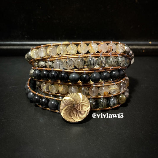 Rainbow Obsidian, Black Rutilated Quartz and Gold Rutilated Quartz Infinity Bracelet